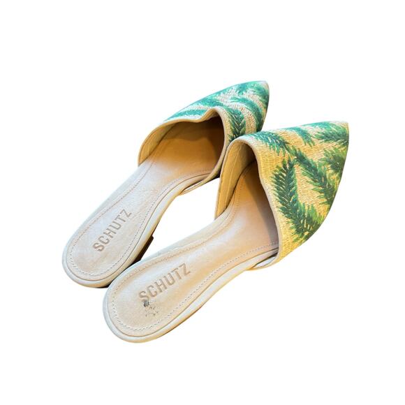 SCHUTZ Elvan Palm Sandal Slides Size 8.5 Anthropologie EUC Raffia $99 MSRP - Picture 2 of 9